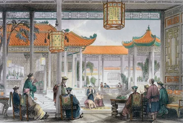 「マンダリン宮殿のコートで演奏する曲芸師」、中国、1843 年