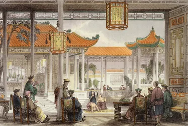 George Newenham Wright（c.1790-1877）1843の「中国の一連の眺めの中の中国」から、マンダリンの宮殿の裁判所に展示された曲芸人