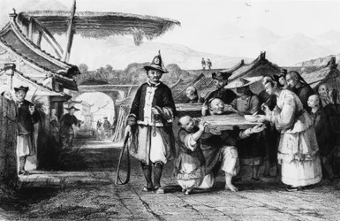 tcha または cangue (木製のヨークまたはさらし台) を使用した罰、中国帝国の Thomas Allom (1804-1872) による彫刻