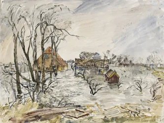 水没したワルチェレン島（オランダ）。トーマス・ヘネル（1903-1945）による絵画、水彩 1944年