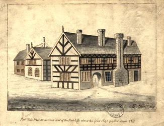 1819年、マンチェスターのプールフォールドホール（ペンとインクで紙の上を洗う）