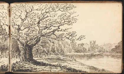 Álbum de Estudos de Paisagens e Figuras: Árvores ao longo de um rio com edifícios à distância