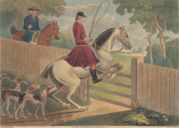 Caça [dois de um conjunto de doze]: 7. [Um cavaleiro colocando o cavalo em um portão]
