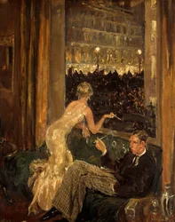 Vista de um interior com um casal assistindo a chegada dos Jarrow Marchers em Londres através de uma janela