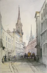 ロンバード・ストリート沿いの眺め、東を向いた人物像と馬車、ロンドン市、1851 年
