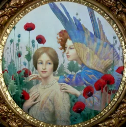 「メッセージ」 ポピー畑の中の若い女性と天使。トーマス・クーパー・ゴッチ(1854-1931)作(前衛芸術家) 個人蔵