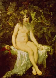 小さな入浴者。 Thomas Couture（1815-1879）による絵画、キャンバスに油彩