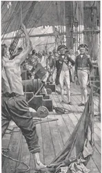 有名な信号の引き上げ、「陸と海のイギリスの戦い」のイラスト、ロンドン、カッセル発行、1910年