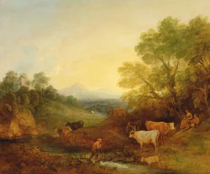 川と遠い橋のそばの牛と人物のいる風景、c.1772-4（帆布に油彩）
