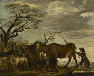 風景の中の牛、羊、山羊を運転する農民、c.1785