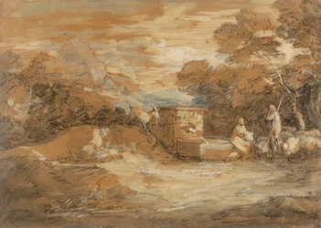 Paisagem montanhosa com figuras, ovelhas e fonte