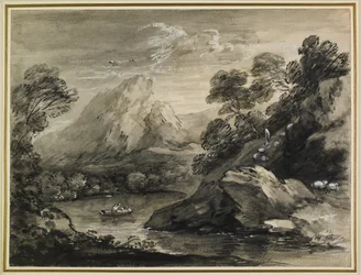 湖でのボートのある山岳風景、1777-80