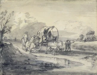 Herdsmanとカバードカートのあるオープンランドスケープ、c.1780-85（灰色と黒色のウォッシュとチョークを紙の上に置いた）