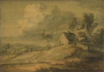 コテージ、牛、羊のいる樹木が茂った風景、カリフォルニア州。 1770年。