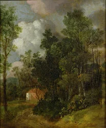 カントリーハウスと2つの人物が描かれた樹木が茂った風景、1752年頃（キャンバスに油彩、キャンバスに配置）