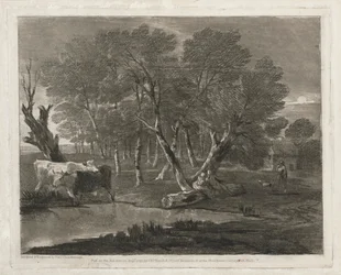 1797年に出版された、プール、フィギュア、コテージの横にある牛のいる森の風景。