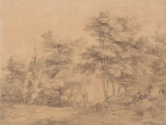 Paisagem arborizada com figuras, burros e casa de campo