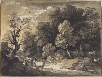 牧夫と牛のいる森の風景、c.1775-80（黒いチョークと灰色がかった黒の洗面、敷き紙の上に白いガッシュで強調）