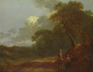 2 人の座っている女性と話している男性のいる樹木が茂った風景、カリフォルニア州。 1745年。