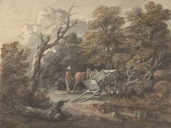 農民、馬、荷車のある森の風景 1760年。