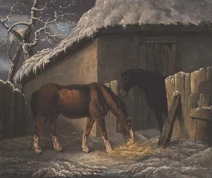 馬小屋の外で餌を食べる二頭の馬がいる冬景色（1804年撮影）