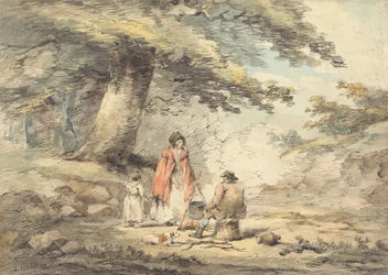 Paisagem arborizada com figuras ao redor de uma panela