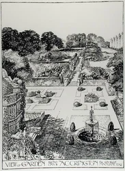 The Art and Craft of Garden Making」（Thomas Mawson著、1900年刊）より、AccringtonのBroad Oakにある庭園の眺め（彫刻）（モノクロ写真