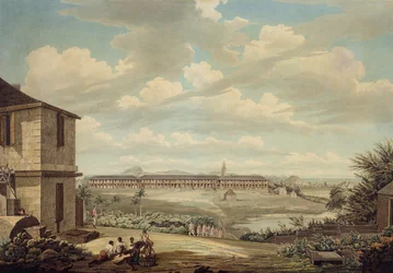 アンティグア島の眺め：病院から見たイギリスの兵舎と聖ヨハネ教会、c.1775-1776（紙に黒鉛の上にペンとインクでトイレ）