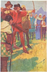 一瞬弓を構え、弦を緩めた（カラーリトグラフ）