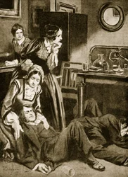 クロロホルムを発見したジェームス・シンプソンと助手たち（1847年11月）（リトグラフ