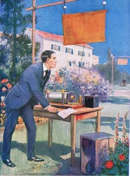 マルコーニの初期の実験の1つ、1940年頃の挿絵（カラーリトグラフ）（Cassell