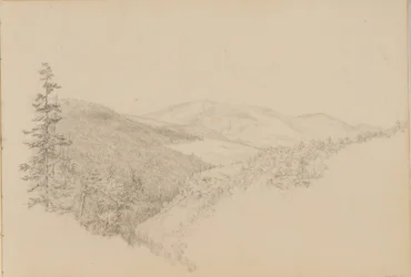 風景と動物の主題のスケッチブックからのカウタースキルのクローブ、カリフォルニア州。 1860-64。
