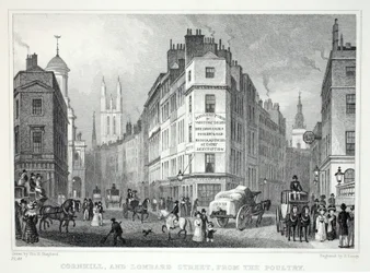 家禽の「ロンドンとそれは19世紀の環境」パブのコーニールとロンバードスティート。 Jones und Co.、1827-1829