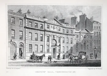 ドレーパーズホール、スログモートンストリート、「ロンドンと19世紀の周辺」パブから。 Jones und Co.、1827-1829