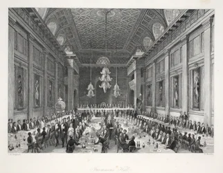 「コスチュームとセレモニーのあるロンドンのインテリア」パブのフリーメーソンのホール。ジョセフミード、ロンドン、1843年頃（鋼の彫刻）
