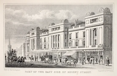 リージェントストリートのイーストサイドの一部。「ロンドンと19世紀の環境」パブから。 Jones und Co.、1827-1829