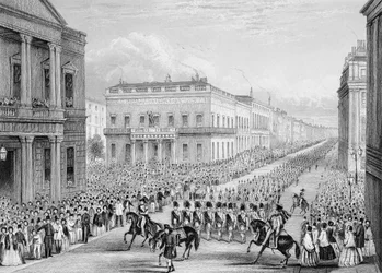 1852年、ロンドンのポール・モールにあるシニア・ユナイテッド・サービス・クラブを通過するウェリントンの葬儀の列