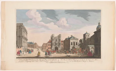 Gezicht op het Banqueting House en Horse Guards Building te Londen ロンドンのバンケティング ハウス ホワイト ホールに面した、陛下の馬と足の警備員のための王室の建物の眺め