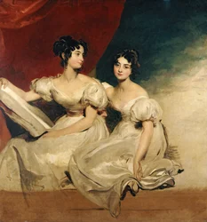 白いドレスを着て全身像で座るフラートン姉妹の二人肖像、1825年頃