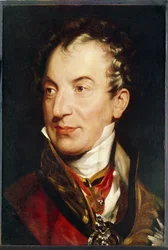 クレメンス (クレメンス) ヴェンツェル、メッテルニヒ公 (1773-1859) の肖像。 オーストリアの政治家。 トーマス・ローレンス卿 (1769-1830) の絵画、キャンバスに油彩、1814 年から 1819 年の間に。