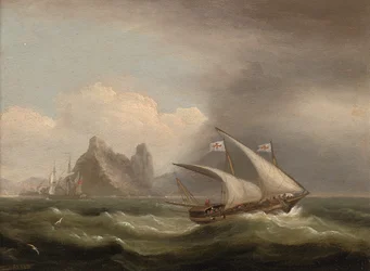 地中海での武装したゼベック、船尾から離れたイギリスのフリゲート、1822年
