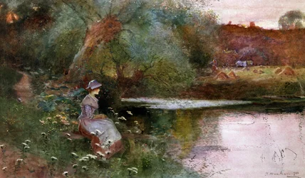 ウォリックシャーのハンプトン・ルーシーにて。田園地帯の湖畔に座る少女。トーマス・マッケイ（1851-1920）作 個人蔵