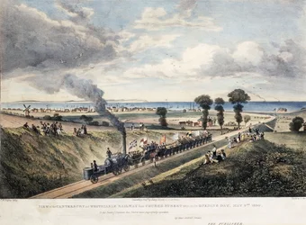 1830年5月3日の開業日に撮影された、チャーチストリートからのカンタベリーとウィスタブル鉄道の眺めc。 1830