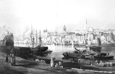 1819年にロバートハヴェルによって彫刻されたゲーツヘッドのロープウォークからのポートとニューカッスルアポンタインの町の眺め（彫刻）