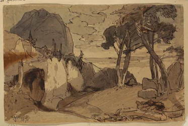 デッサン、山景色の中の道、1875年