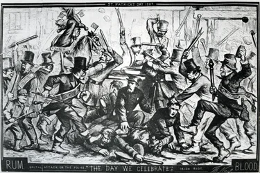 1867年4月6日、ハーパーズウィークリーで出版された1867年のセントパトリックスデーのニューヨークの暴動を描いた漫画（木の彫刻）
