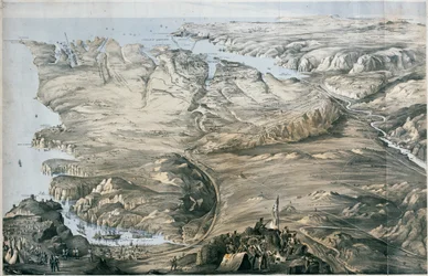 セバストポリ前の英仏連合軍の塹壕構築の全景（リトグラフ、彩色済み