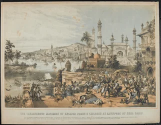 1857年のインド反乱におけるネーナ・サーヒブによるコーンポールでの英国人女性と子供の裏切り虐殺、1857年10月12日印刷（着色リト刷り）