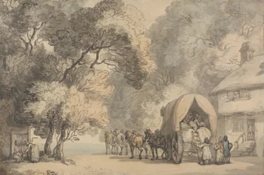 インの外にある運送業者のカート、c.1785-90（ペンとインク、および敷き紙に水彩）
