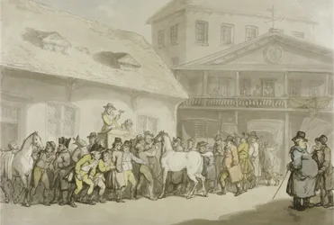 ホプキンスのリポジトリ、バービカン、c.1798-1800での馬の販売（ペン、インク、紙に水彩）